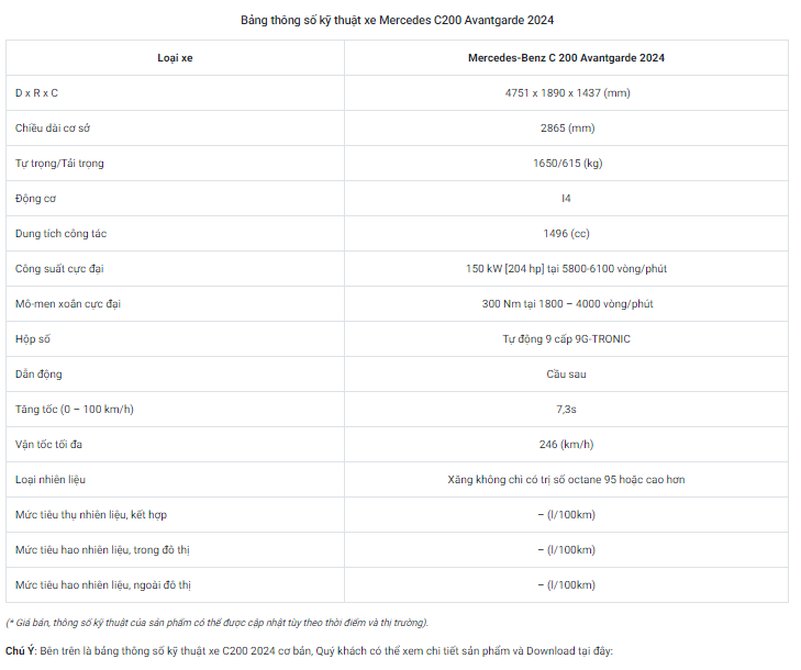 Một số thông số kỹ thuật cơ bản của Mercedes C200 Avantgarde 2024